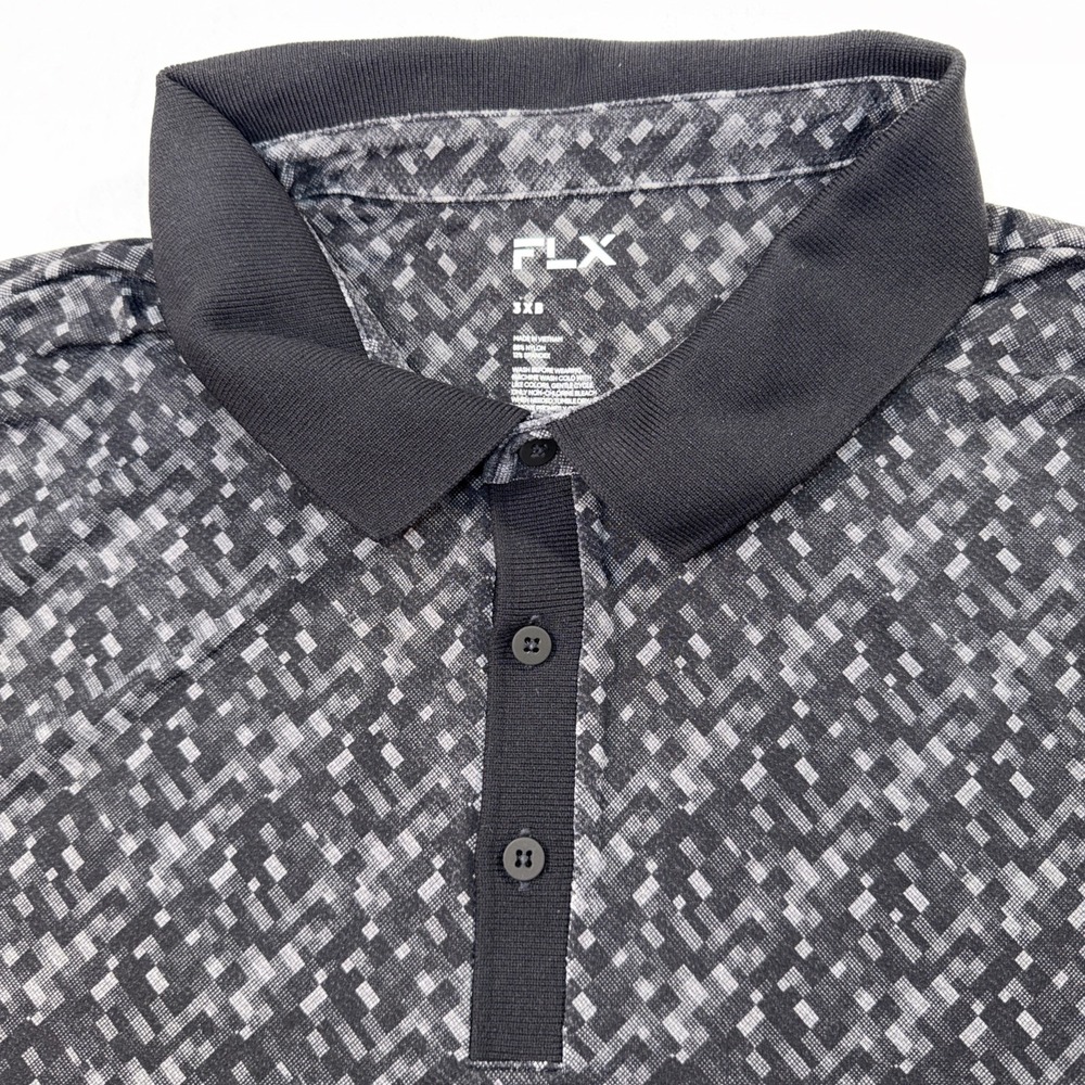 FLX Mens 3XB Black Grey Digital Geometric Print Short Sleeve Polo Shirt 91049